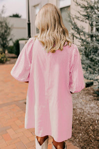 Rose Stripe Color Block Patchwork Shirt Collar Button Down Puff Sleeve Mini Dress