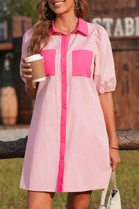 Rose Stripe Color Block Patchwork Shirt Collar Button Down Puff Sleeve Mini Dress