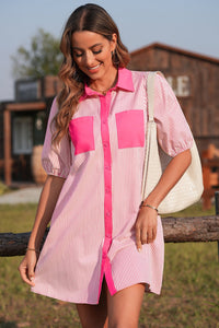 Rose Stripe Color Block Patchwork Shirt Collar Button Down Puff Sleeve Mini Dress