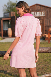 Rose Stripe Color Block Patchwork Shirt Collar Button Down Puff Sleeve Mini Dress