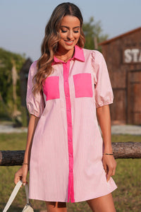 Rose Stripe Color Block Patchwork Shirt Collar Button Down Puff Sleeve Mini Dress