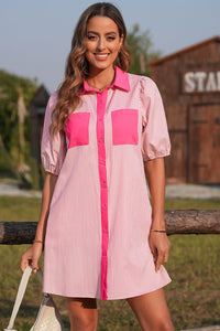 Rose Stripe Color Block Patchwork Shirt Collar Button Down Puff Sleeve Mini Dress