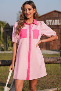 Rose Stripe Color Block Patchwork Shirt Collar Button Down Puff Sleeve Mini Dress