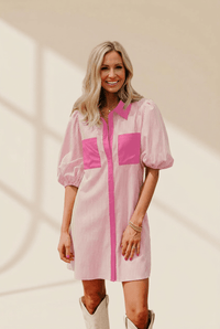 Women's Rose Striped Color Block Puff Sleeve Shirt Dress
