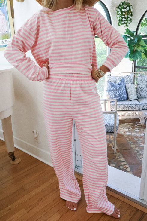 Women's Rose Striped Cotton Lounge Set with Straight Leg Pants