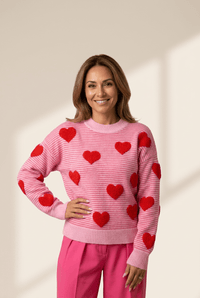
Women's Rose Striped Heart Motif Knit Sweater in Soft Pink