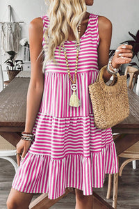 Women's Rose Striped Tiered Sleeveless Mini Dress in Cotton Blend