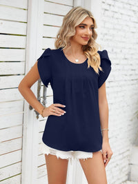 Round neck petal sleeve chiffon short sleeve loose women's T-shirt top