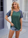 Round neck short sleeve slit contrast patchwork loose T-shirt