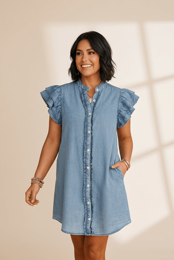 Ruffled Denim Mini Shift Dress with Button-Down Detail with practical styling and dependable silhouette control.