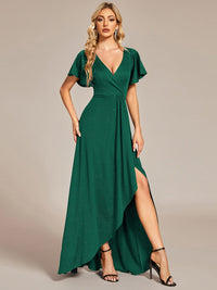 Ruffled Sleeve Tea Length Evening Dress with Side Split