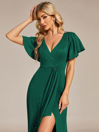 Ruffled Sleeve Tea Length Evening Dress with Side Split