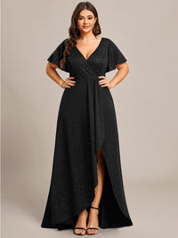 Ruffled Sleeve Tea Length Evening Dress with Side Split