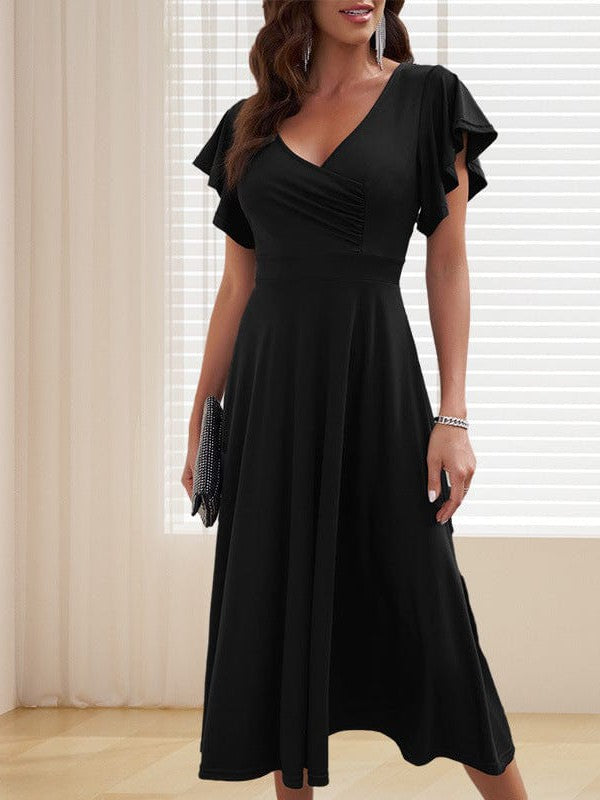 Ruffled V-Neck Lace Dress With High Waist And Elegant Pleats