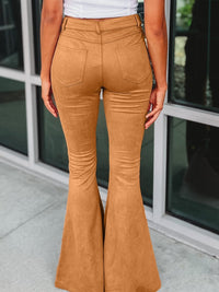 Rust Exposed Stitch Flare Suede Trousers with Pockets