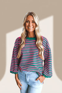 Sachet Pink & Kelly Green Striped Cotton Blouse