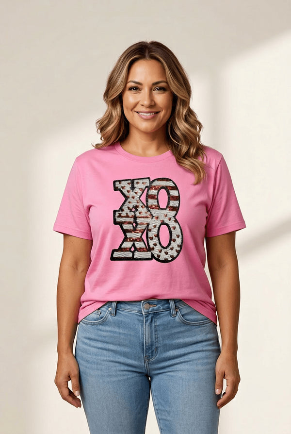 Women's Sachet Pink Sequined XOXO Graphic T-Shirt