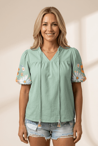 Women's Sage Embroidered Split Neck Blouse with Puff Sleeves
