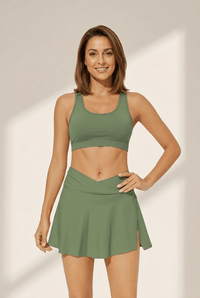 Women's Sage Green Criss-Cross High-Waist Flared Swim Skirt