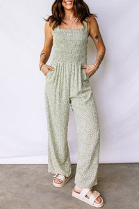 
Women's Sage Green Floral Smocked Bodice Jumpsuit