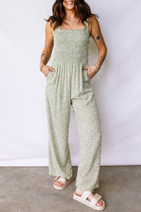Women's Sage Green Floral Smocked Bodice Jumpsuit