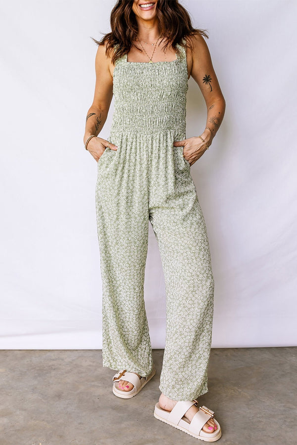 Women's Sage Green Floral Smocked Bodice Jumpsuit