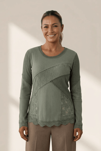 Women's Sage Green Lace Patchwork Long Sleeve Top