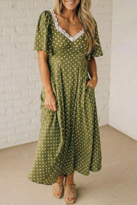 
Women's Sage Green Polka Dot Lace-Trim Maxi Dress
