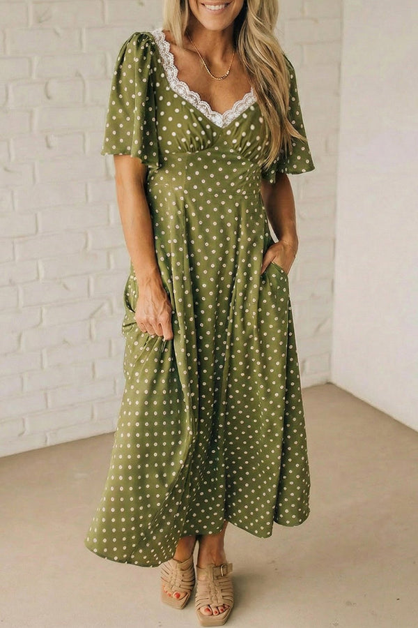 Women's Sage Green Polka Dot Lace-Trim Maxi Dress
