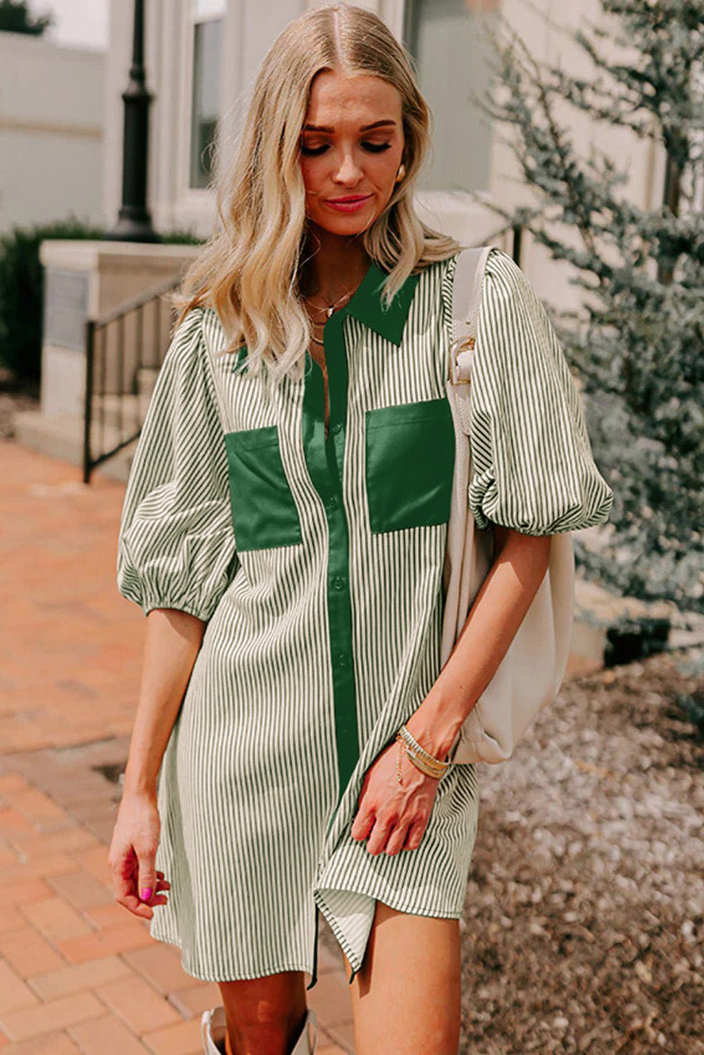 green colorblock dress Shop Sage Striped Puff Sleeve Mini length dress beautifully combines Finish:Black and Blonde Emerald Green Quinceanera Dresses Wedtrend Women Dark Green