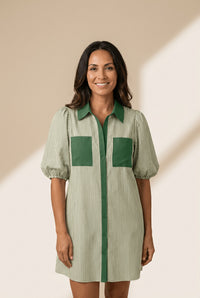Women's Sage Green Striped Puff Sleeve Colorblock Mini Dress