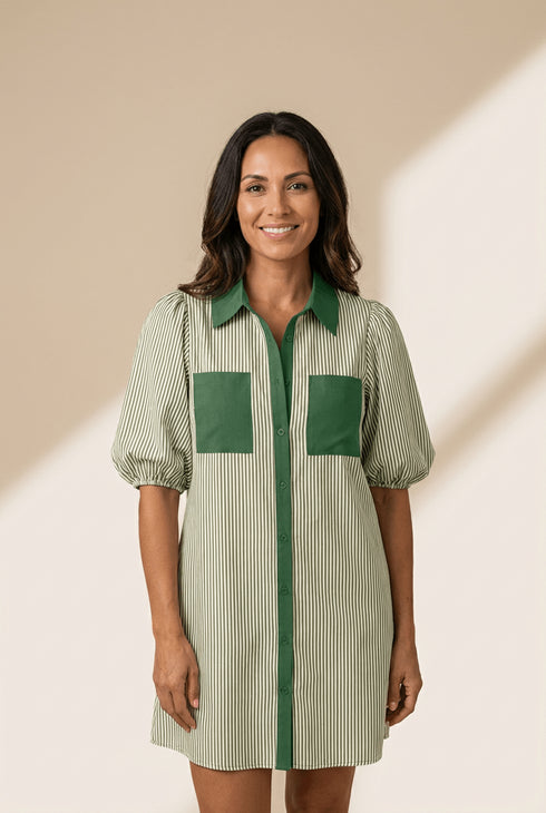 Women's Sage Green Striped Puff Sleeve Colorblock Mini Dress