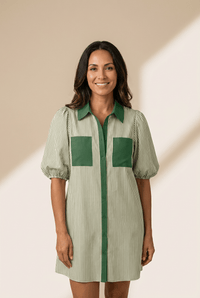 Women's Sage Green Striped Puff Sleeve Colorblock Mini Dress