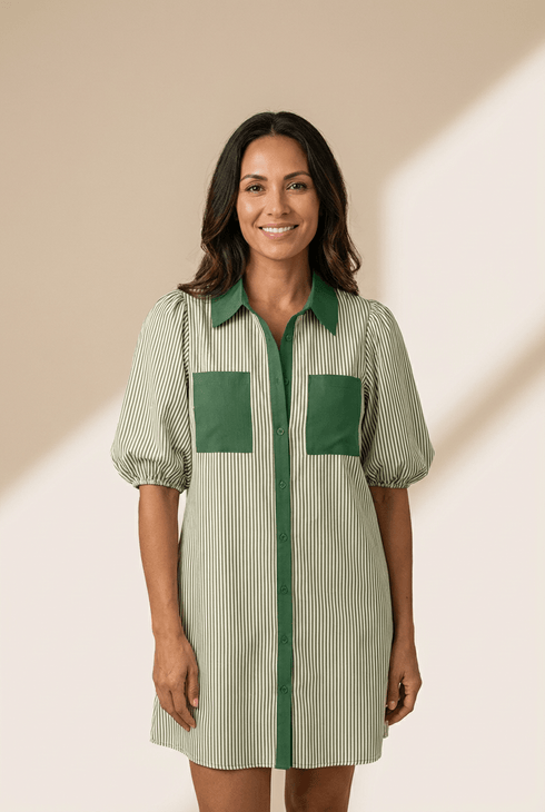 Green Stripe Color Block Patchwork Shirt Collar Button Down Puff Sleeve Mini Dress