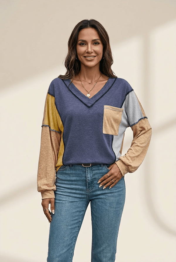 Women's Sail Blue Color Block V-Neck Top with Contrast Stitching
