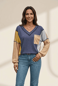 Women's Sail Blue Color Block V-Neck Top with Contrast Stitching