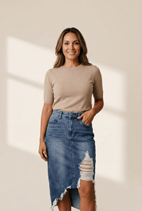 Women's Sail Blue Distressed Asymmetrical Midi Denim Skirt