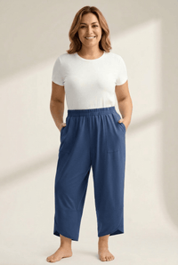 Women's Sail Blue Plus Size Loose Capris with Asymmetrical Hem