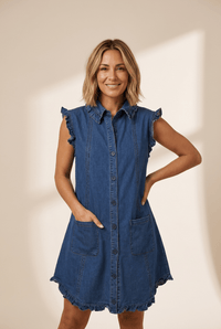 Women's Sail Blue Ruffled Denim Shift Dress with Patch Pockets