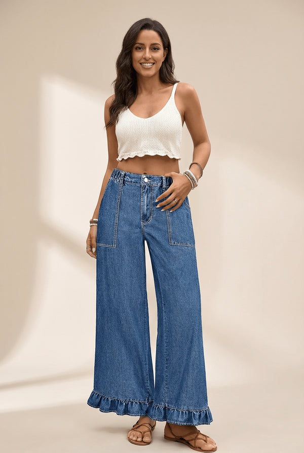 Women's Sail Blue Ruffled Wide Leg Denim Plus Size Trousers