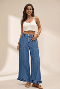 Women's Sail Blue Ruffled Wide Leg Denim Plus Size Trousers