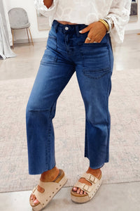 women's sail blue women's cropped straight jeans with frayed hem - trendy and comfortable for everyday casual wear with practical styling and