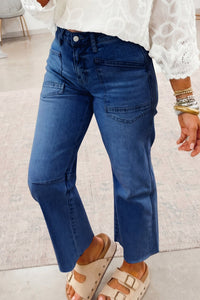 Sail Blue Frayed Cropped Straight Jeans