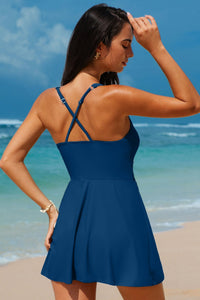 Sail Blue Solid Color Crossed Straps One Piece Swim Dress