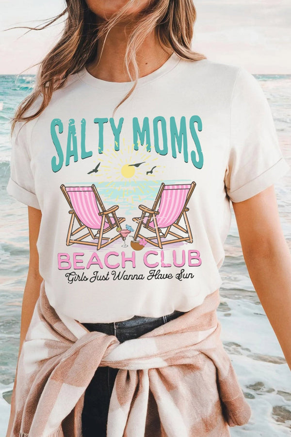 Salty Moms' White Graphic Tee – Casual Short Sleeve Beach Club Style, Perfect Fit for Summer Outings and Everyday Wear