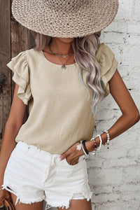 Women's Sand Beige Textured Blouse with Ruffled Cap Sleeves