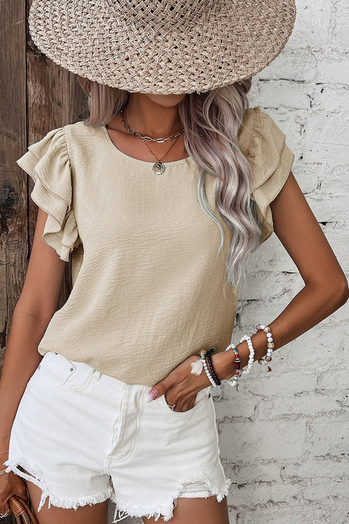 Women's Sand Beige Textured Blouse with Ruffled Cap Sleeves