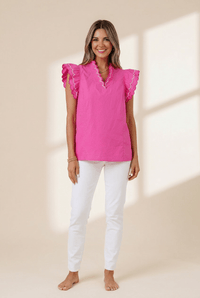Women's Scalloped Cotton V-Neck Ruffle Sleeve Blouse in Fuchsia