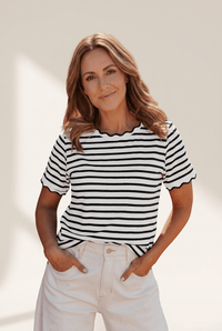 women's scalloped trim striped cotton tee in black and white made for easy styling and wardrobe coordination, with premium-like structure and finish.