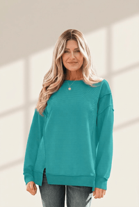 Women's Sea Green Ribbed Drop Shoulder Pullover with Exposed Seams